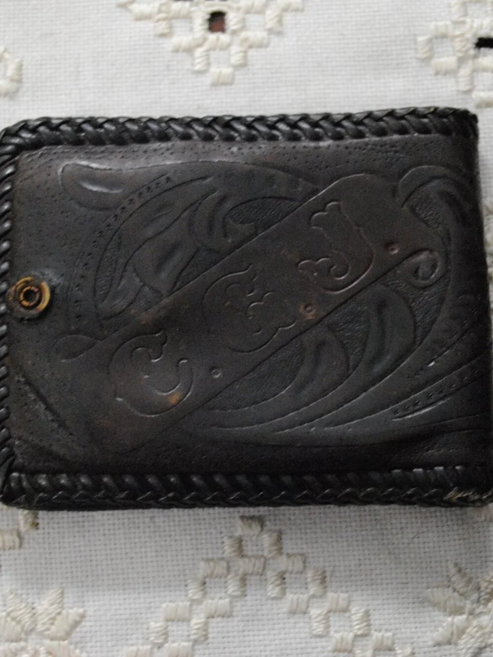 Vintage Handmade Men's Tooled Embossed Leather Bifold Wallet Western Monogrammed